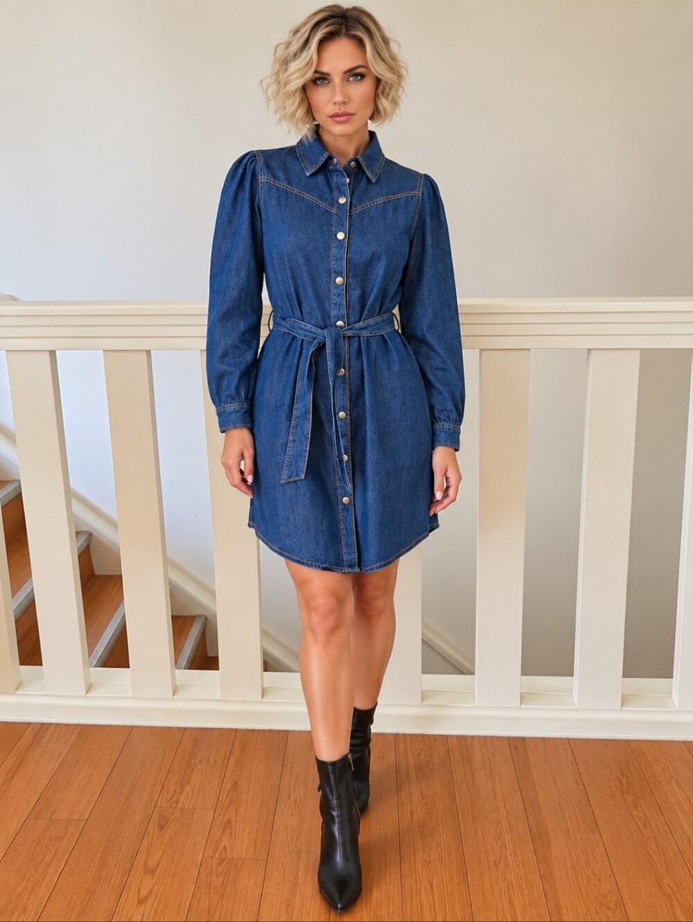 Lone Star 100 % Cotton Denim Midi Shirt Dress with Tie Waist